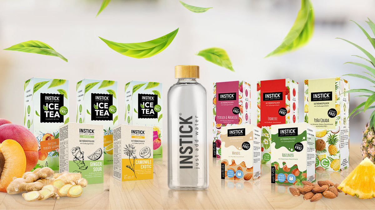 Full INSTICK drink stick range with a water bottle